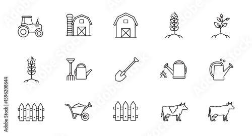 Simple line art farm icon set featuring tractor barn crops animals gardening tools