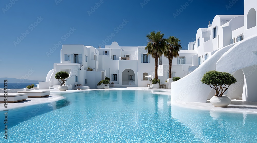 Fototapeta premium Modern White Villa with Infinity Pool by the Sea / 海に溶け込む白いヴィラとインフィニティプール