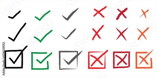 Free Download Hand-drawn check marks and cross marks in various colors with crayon texture. Includes checked boxes and empty checkboxes in black, green, red, and orange. - GFXLoad