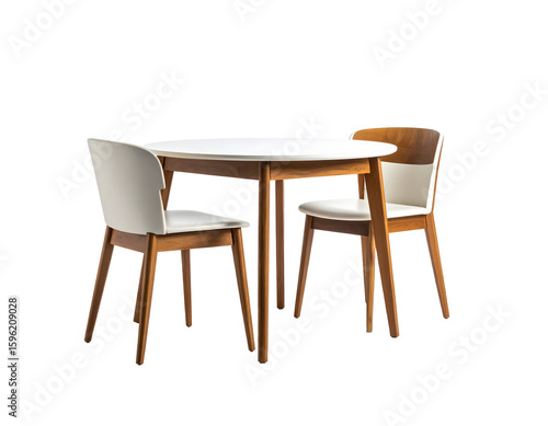 A modern round dining table with two elegant chairs offers a stylish and inviting space for intimate meals.