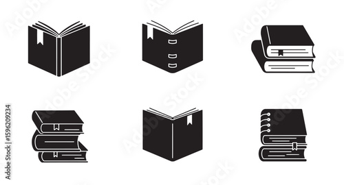 Vector illustration of various books open and closed in silhouette style