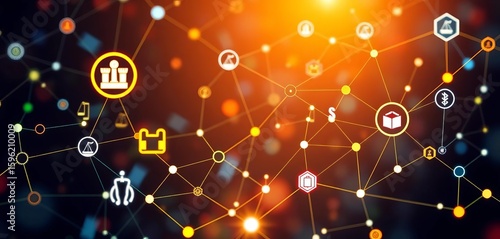 Abstract network of law icons symbolizing legal innovation and justice,  legal tech,  development
