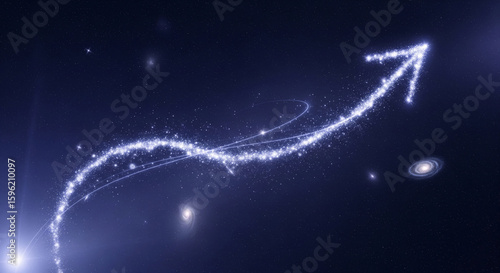 A sparkling arrow made of light travels through the cosmos, representing ambition, progress, and future direction.