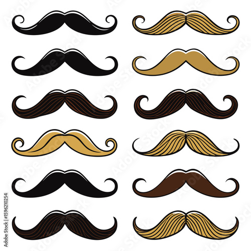 Collection of twelve diverse mustache illustrations in black brown and gold facial hair graphic
