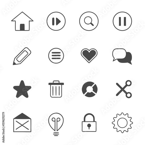 Assorted modern icons on a sleek surface, featuring a house symbol, play and pause controls, a search icon, a pencil, a menu, a heart, and more.