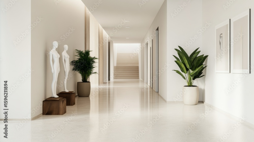 Fototapeta premium Minimalist Hallway with Mannequins and Plants, Modern Decor , Interior Design