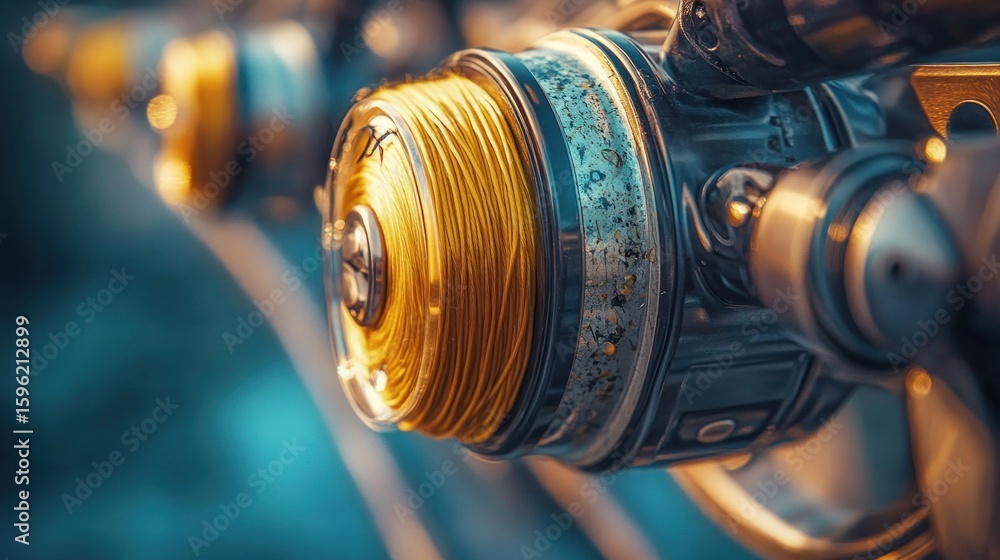 Obraz premium Close-up fishing reel with golden line