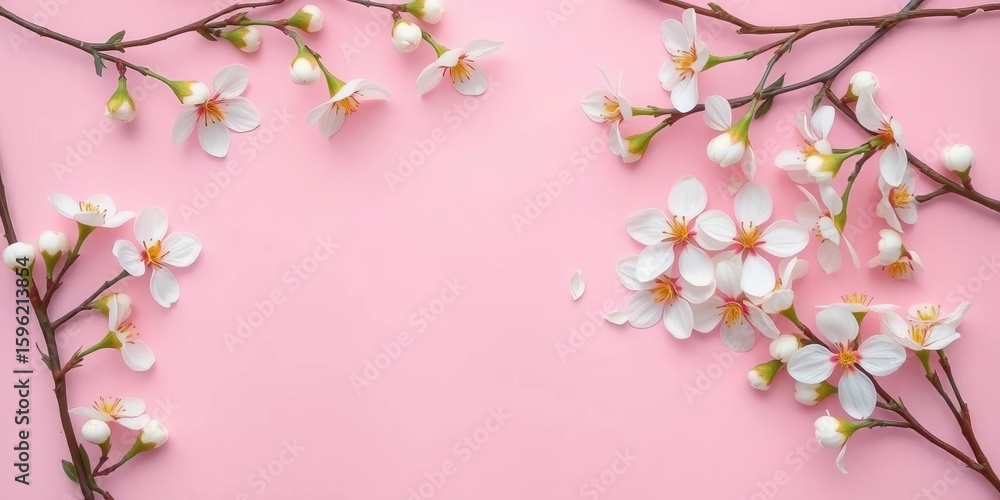 Fototapeta premium Delicate white and pink blossoms arranged on a pastel pink backdrop Minimal flat lay, floraldesign, image