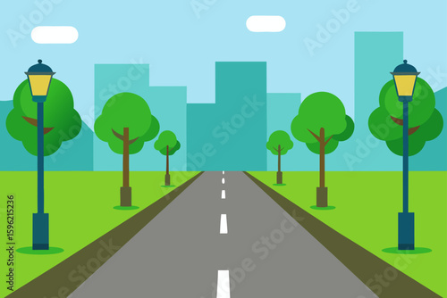clean deserted street  green trees  street lamps