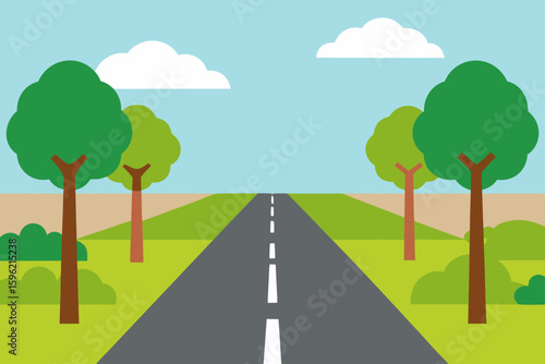 clean vector art  empty street lined with trees