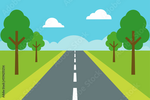 clean vector art  empty street lined with trees