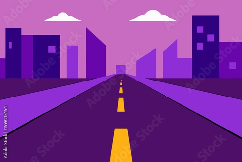 purple accents on buildings  wide empty street
