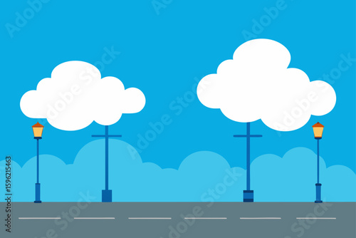 fluffy clouds over empty street with street lamps