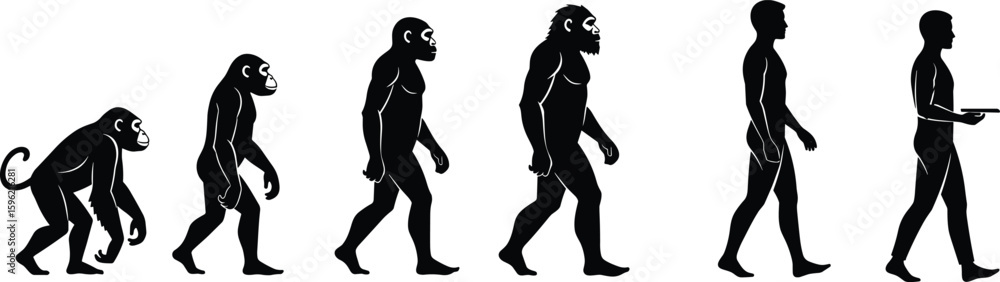 Fototapeta premium Evolution of humans from primates, human development timeline, scientific illustration, anthropology study, educational image, biological transformation, mankind history