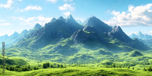 A scenic view of green mountains and valleys under a blue sky with fluffy white clouds above them all