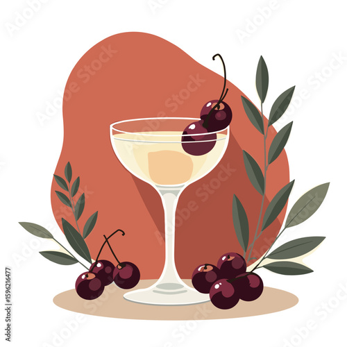 Minimalist sophisticated illustration of a cocktail glass with cherries and olive branches, pale yellow, muted orange, and beige, perfect for bar menus, drink advertising, or upscale event promotion.
