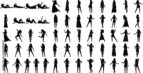 Female silhouette poses collection, standing, dancing, sitting, lying down, black vector artwork, fashion illustration, creative design inspiration