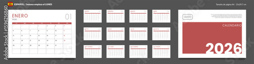 2026 Spanish language Calendar Planner Set of Template Monthly Page and cover with Place for Photo, Company Logo. Vector grid of wall or desk organizer with week start Monday. Pages size A4 21x29.7cm
