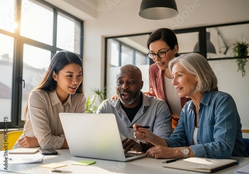 Diverse Multi-Generational Team Collaborating Happily Around Laptop in Office