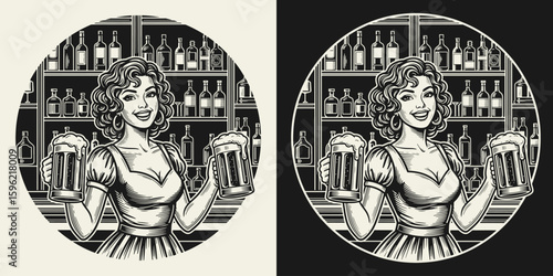 Black and white flat vector illustration of a smiling girl in a dirndl with deep neckline holding two beer mugs. Oktoberfest or International Beer Day themed design.