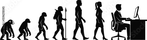 Human evolution silhouette illustration, primate to office worker transition, progress timeline, technological advancement concept, modern lifestyle transformation