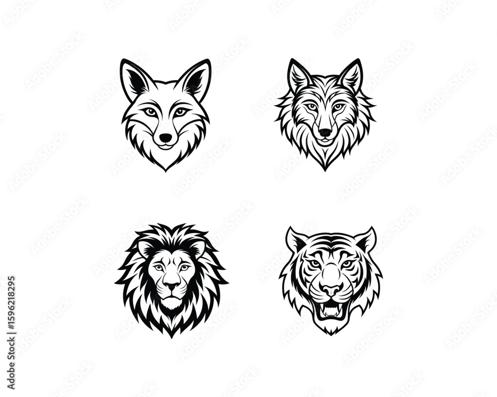 Fototapeta premium Tribal Animal Head Vector Set Tiger, Lion, Wolf, Fox Line Art for Tattoos, Logos, T-Shirt Editable & Print-Ready