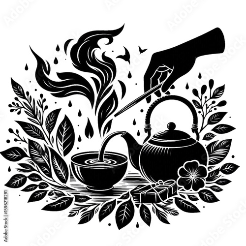Black and white illustration of a hand pouring tea from a teapot into a bowl surrounded by leaves and vapor