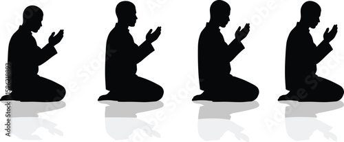 Silhouette of kneeling people praying, spiritual devotion artwork, religious reflection moment, worship pose illustration, peaceful posture, unity in faith