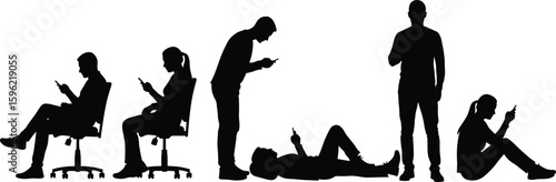 Silhouette of people using smartphones, digital interaction scene, technology addiction concept, modern lifestyle poses, posture variety illustration, mobile behavior