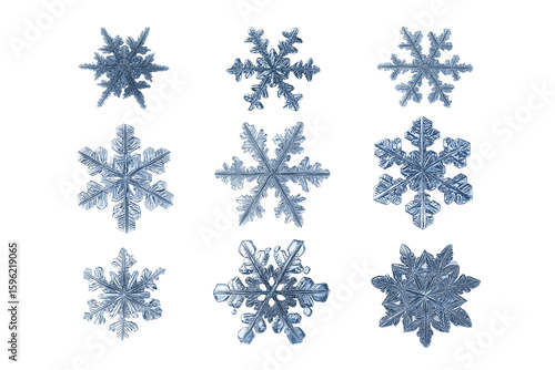 Realistic photo of a set of individual snowflakes isolated on white background.