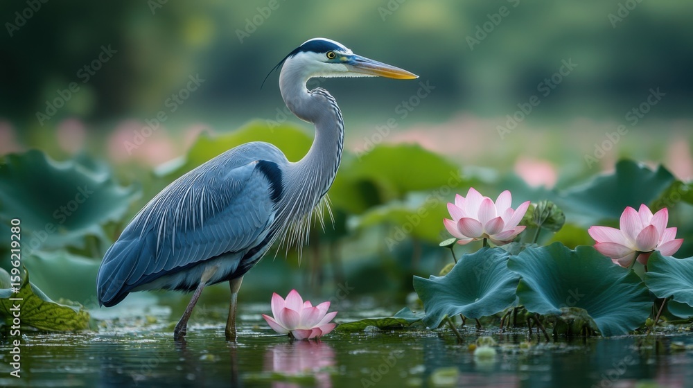 Naklejka premium Great Blue Heron in Water with Lotus Flowers