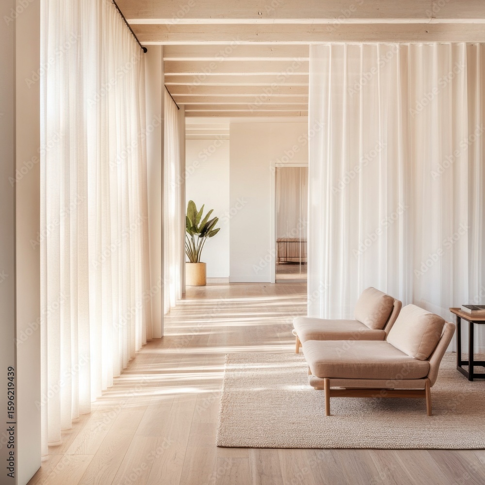 Fototapeta premium Sunlit Interior Beige Sofas, Sheer Curtains, Modern Design, minimalism , home decor