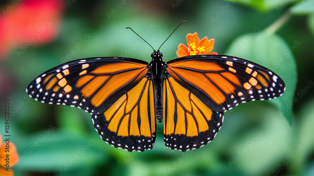 Fototapeta premium Monarch Butterfly Resting on Flower with Open Wings in Garden Setting