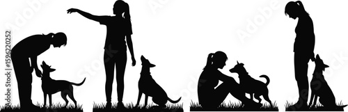 Silhouette of woman training dog, outdoor pet bonding moment, dog obedience gesture, sunset scene, companionship, love, peaceful nature illustration