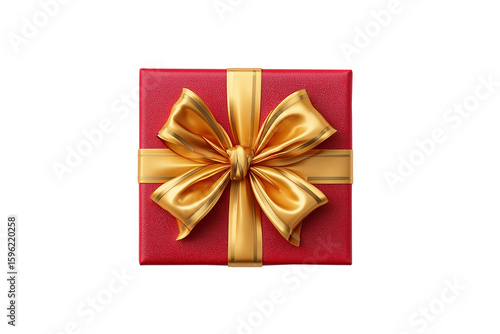 Top view of a red square gift box with golden ribbon and decorative bow on white background.
