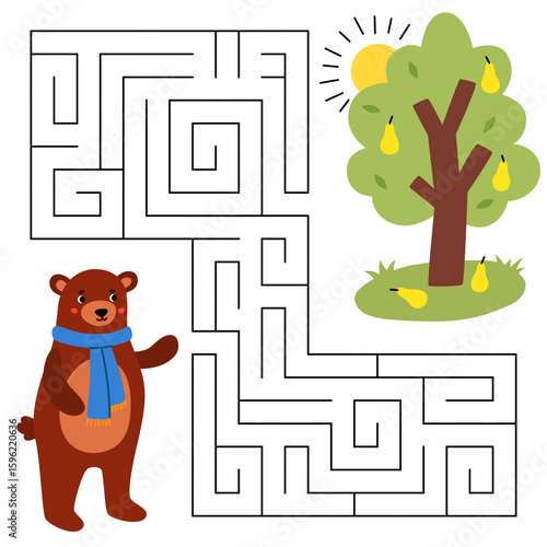 Animal maze game for kids. Cute bear looking for a way to the tree with fruits. Printable worksheet with solution for school and preschool. Vector cartoon illustration.