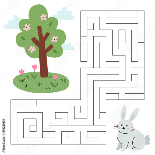 Animal maze game for kids. Cute rabbit looking for a way to the tree with flowers. Printable worksheet with solution for school and preschool. Vector cartoon illustration.