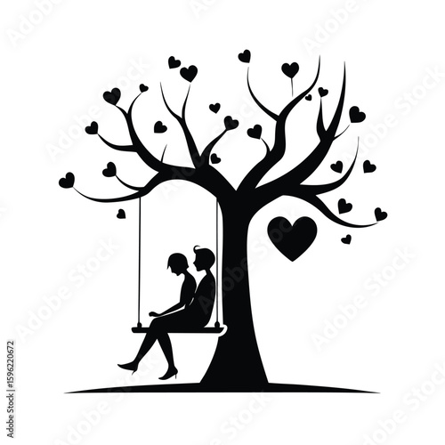 Romantic silhouette of two lovers enjoying a tree swing together