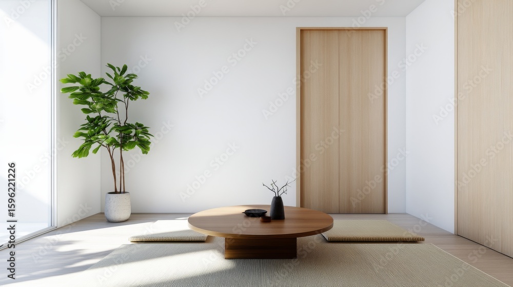 Fototapeta premium Zen Interior Round Table, Plant and Neutral Tones for a Tranquil Space, minimal , interior design