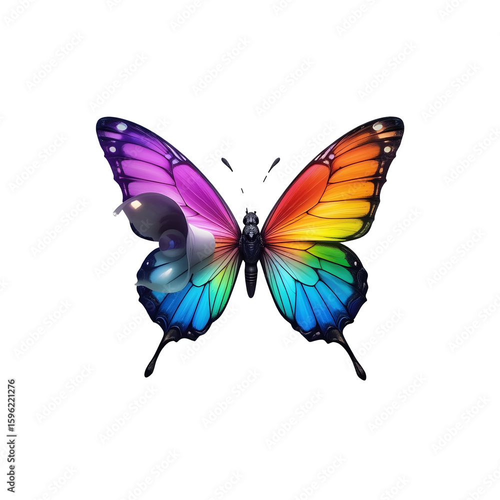 Obraz premium Surreal abstract artwork of a megaphone transforming into a butterfly with vibrant rainbow-colored audio wings, symbolizing sound and freedom, isolated on a clean white background PNG