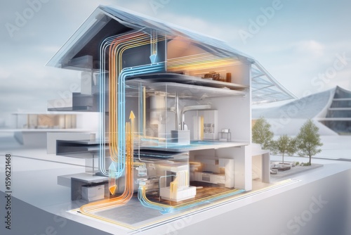 Cross-section of eco house with smart airflow system, featuring thermal zones and high-tech sustainable home ventilation illustration.