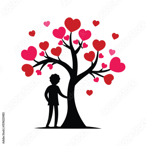 Romantic silhouette of a couple hugging under a large tree