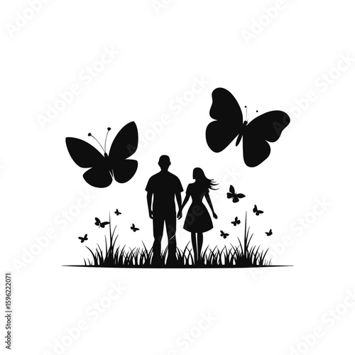 Romantic couple silhouetted against a butterfly swarm at sunset