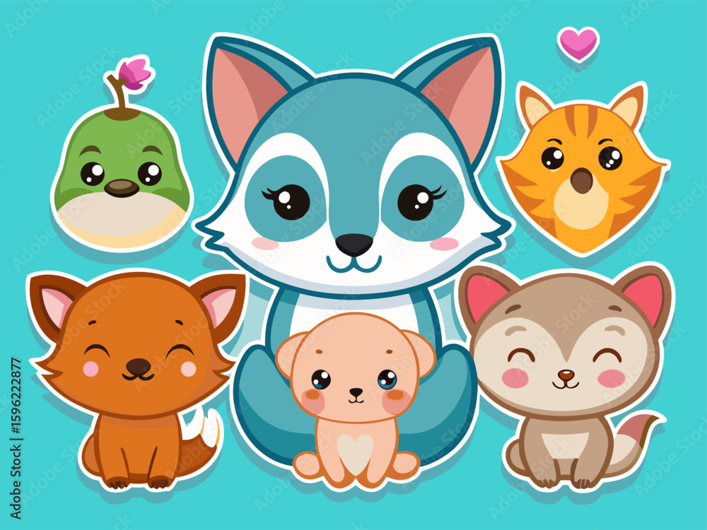 Naklejka premium Cute Cartoon Animal Stickers Illustration Featuring a Wolf Fox Cat Dog and Fruit