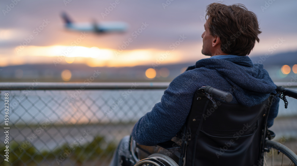 Fototapeta premium Man in a wheelchair positioned by the runway fence, gazing at a commercial airplane with sunset light illuminating his silhouette, representing freedom of movement and the dignity