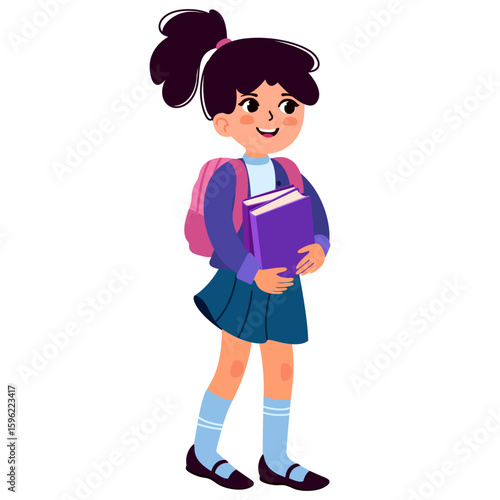Happy smiling schoolgirl holding books. Girl with school backpack. Hand drawn vector illustration. Illustration isolated on white background