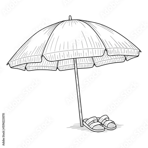 Beach Umbrella with Flip-Flops, Perfect for Summer Vacation, Relaxation, and Tropical Getaways Vector Illustration