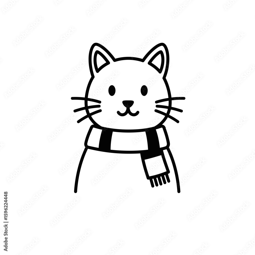 Fototapeta premium Cartoon cat wearing a scarf in black and white line silhouette