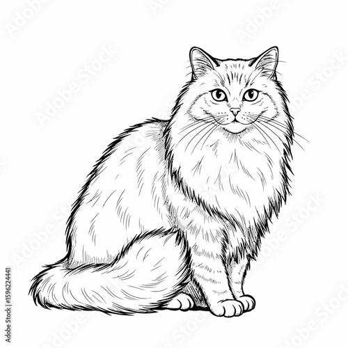 Detailed line art of a fluffy long haired cat sitting silhouette