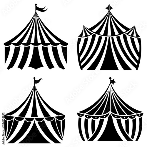 Four black and white striped circus tents with flags and star on top in a vector graphic